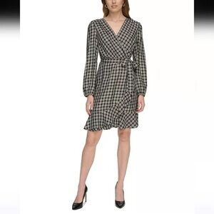 Elegant Black and White Checkered Wrap Dress